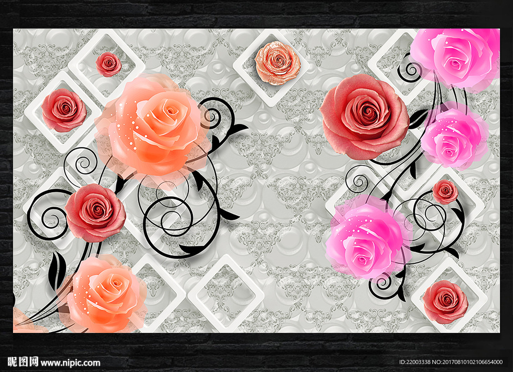 浪漫玫瑰3D背景墙玫瑰花开壁画