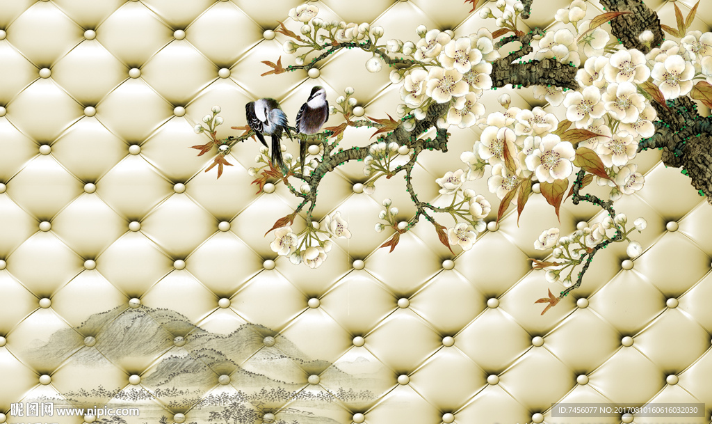 花鸟玉兰树立体背景墙