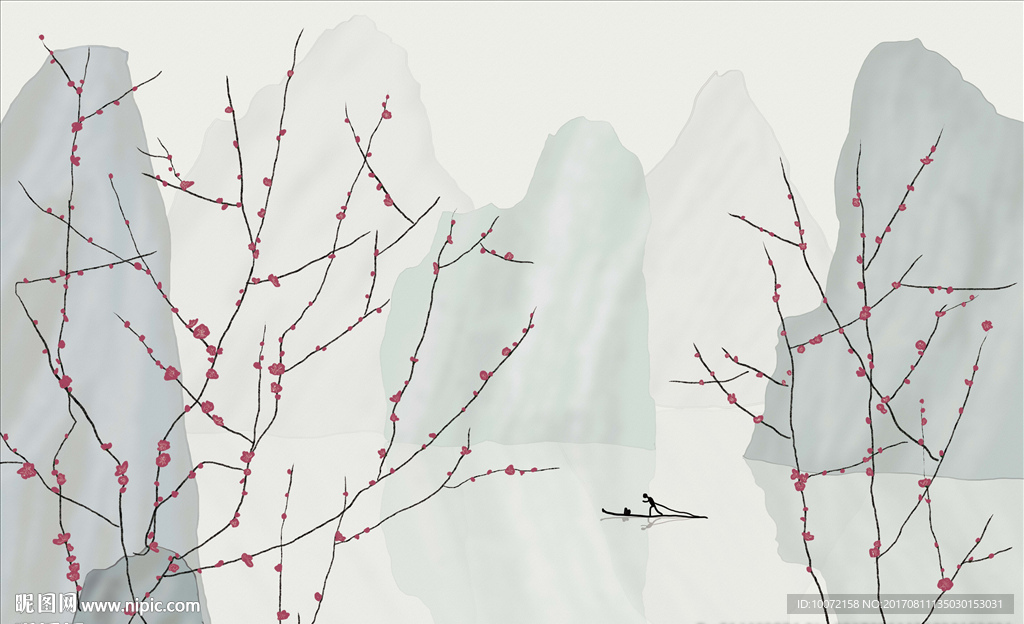 高清手绘梅花山水