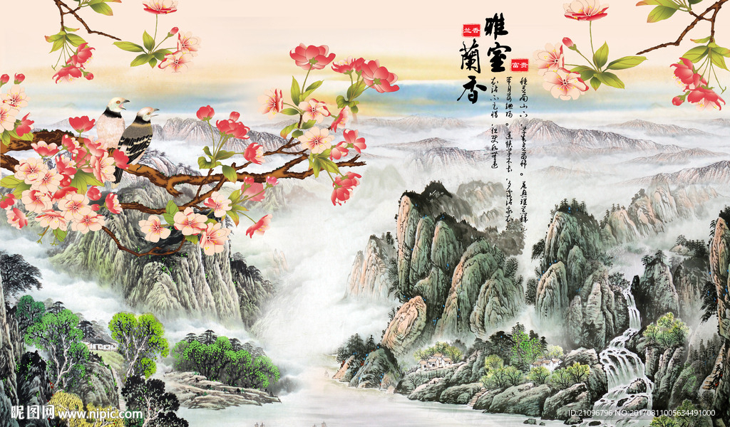 国画花鸟背景墙