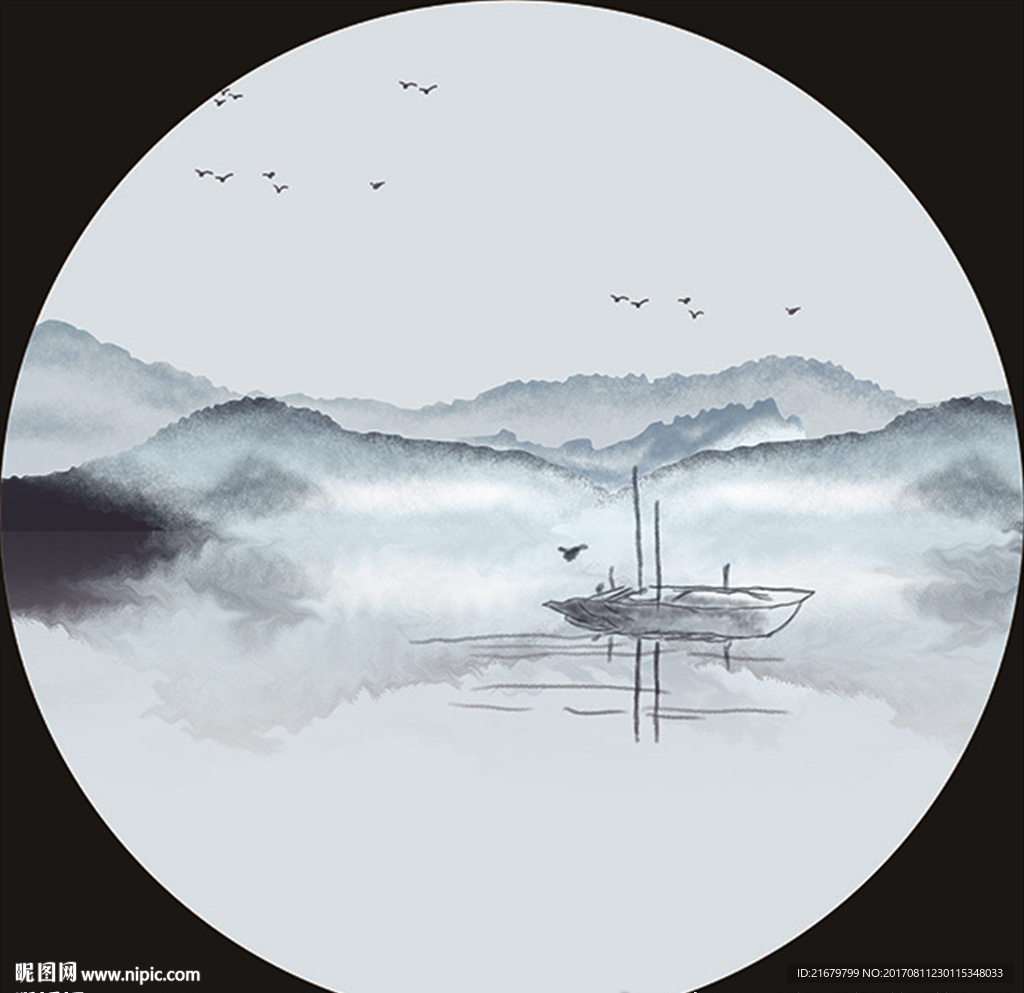 新中式山水船泊意境圆
