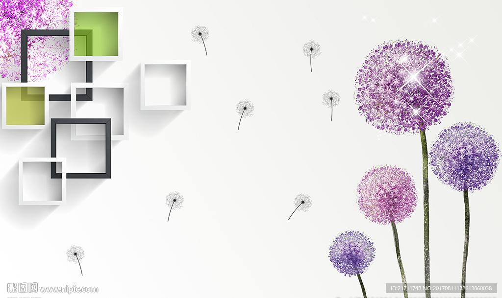 梦幻蒲公英简约方框电视背景墙