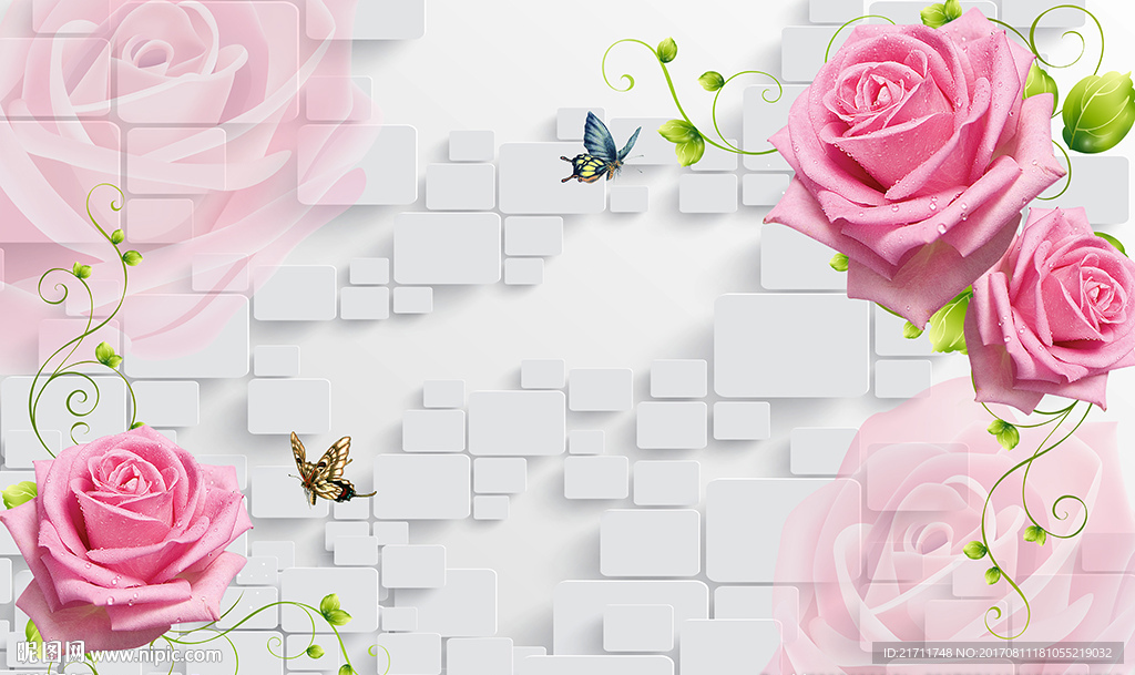 粉红玫瑰花简约砖墙电视背景墙