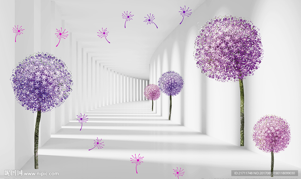 3D空间紫色蒲公英电视背景墙