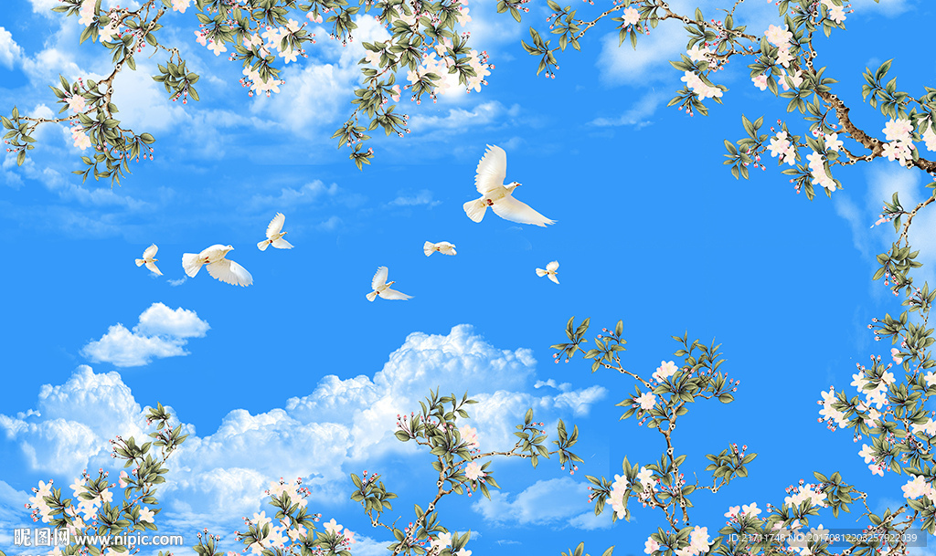 蓝天白云手绘花卉鸽子电视背景墙