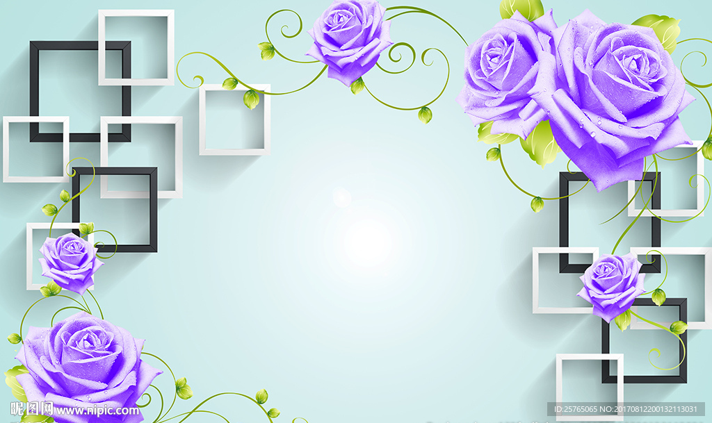 清新蓝色玫瑰简约方框电视背景墙