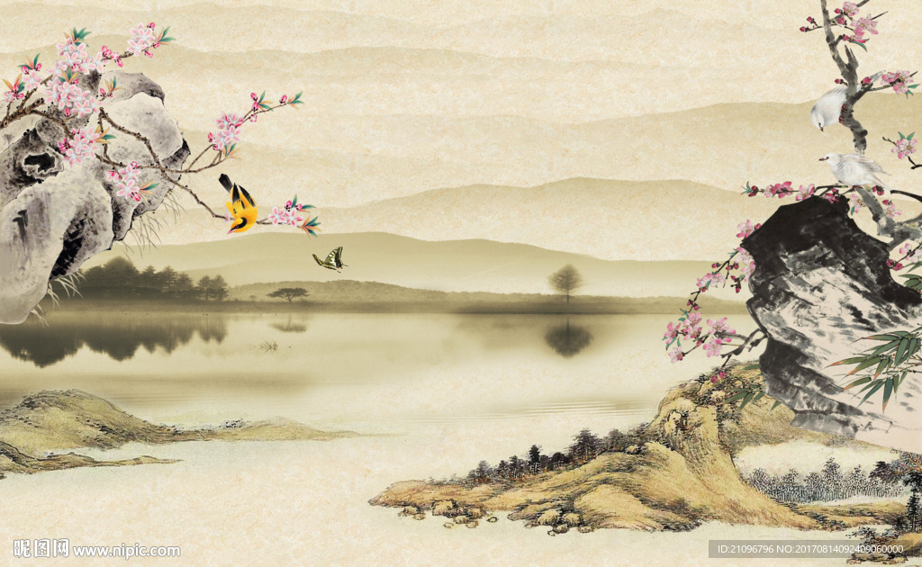 国画花鸟背景墙