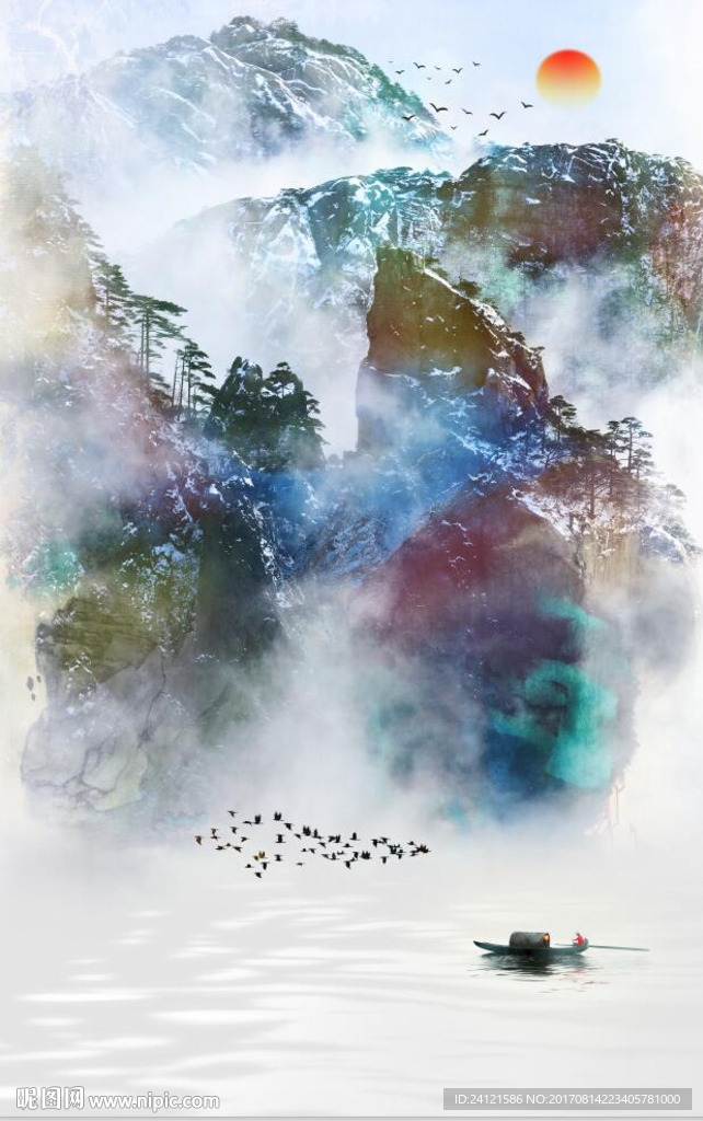 新中式手绘水墨山水玄关背景墙