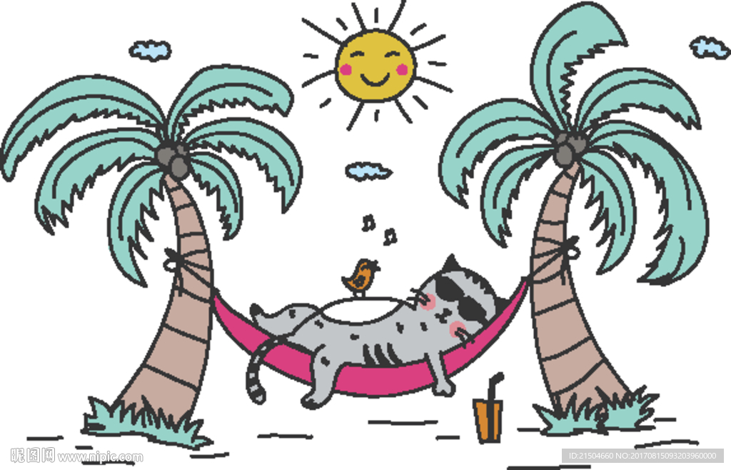 精致矢量可爱夏日猫咪度假插画