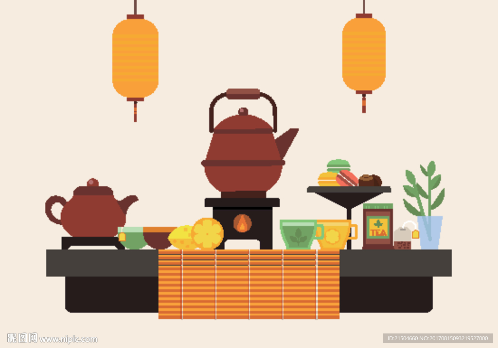 精致矢量中式茶会插画