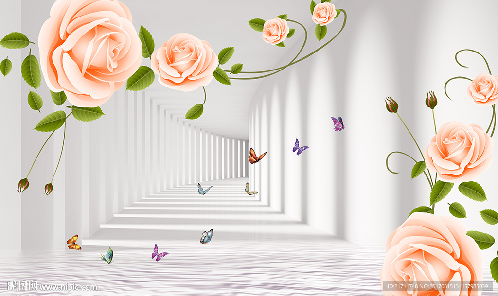 3D空间清新玫瑰花电视背景墙