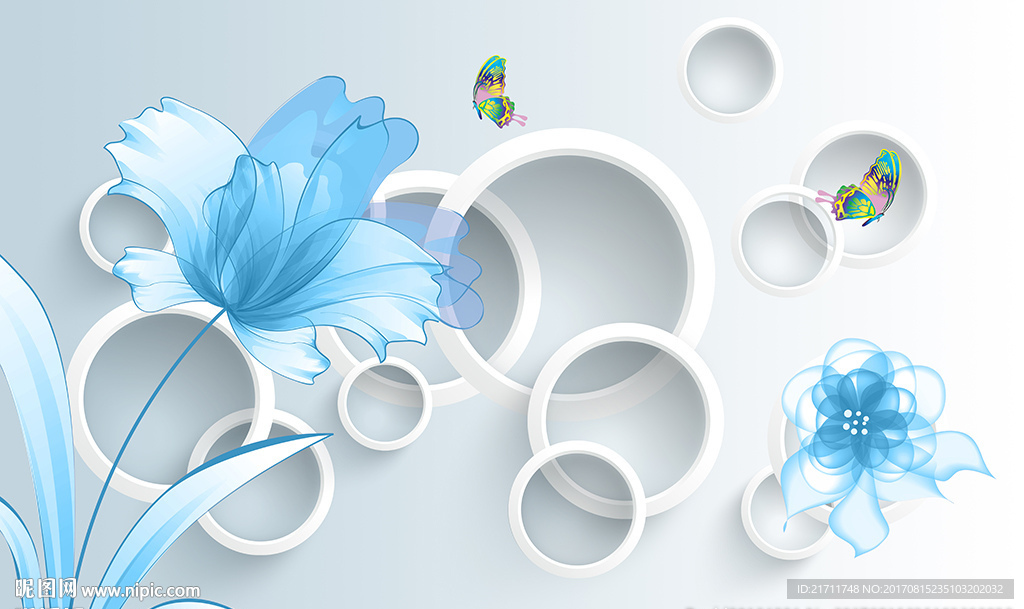 梦幻蓝色花卉简约圈圈电视背景墙