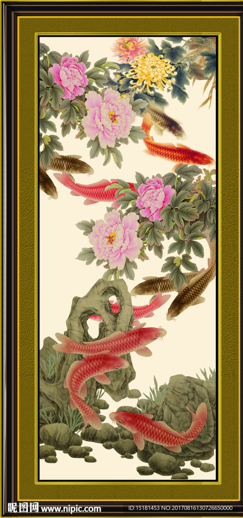牡丹鲤鱼图