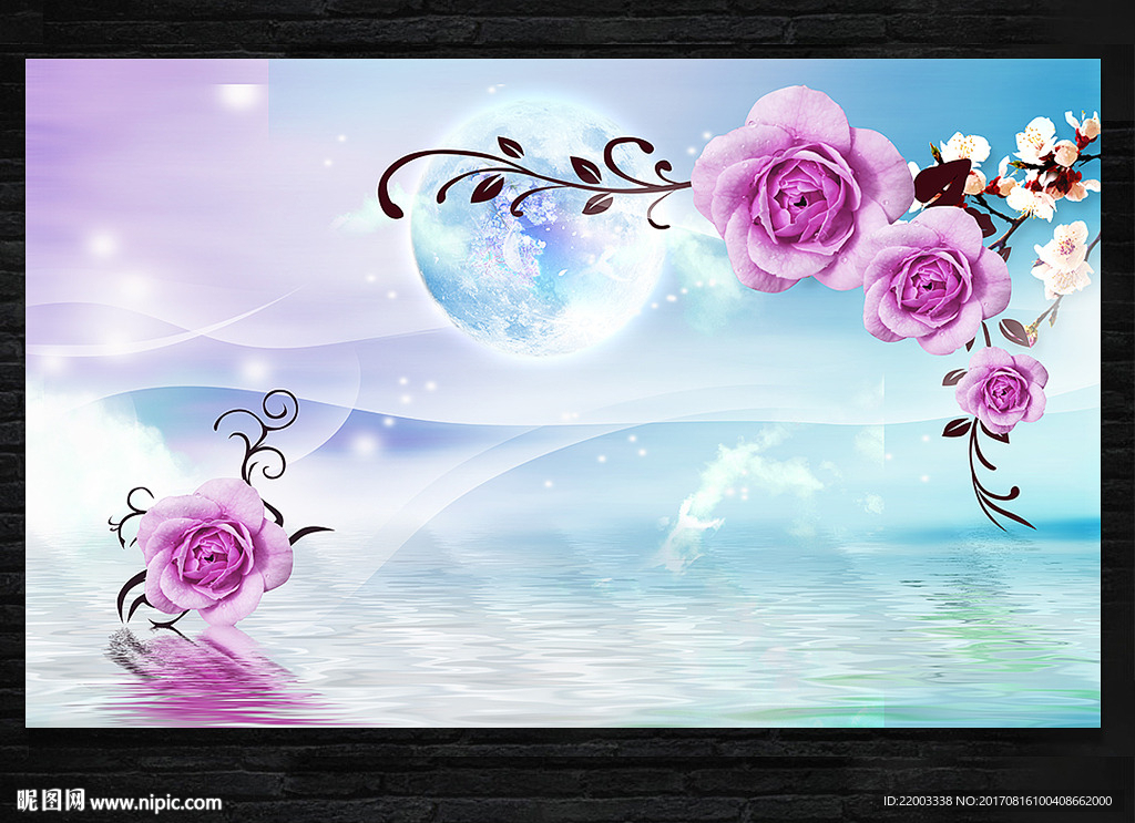 浪漫玫瑰水中倒影电视背景墙