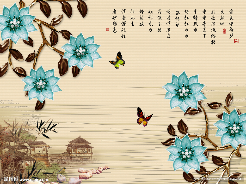 中式 竹子 珍珠 花纹 背景墙