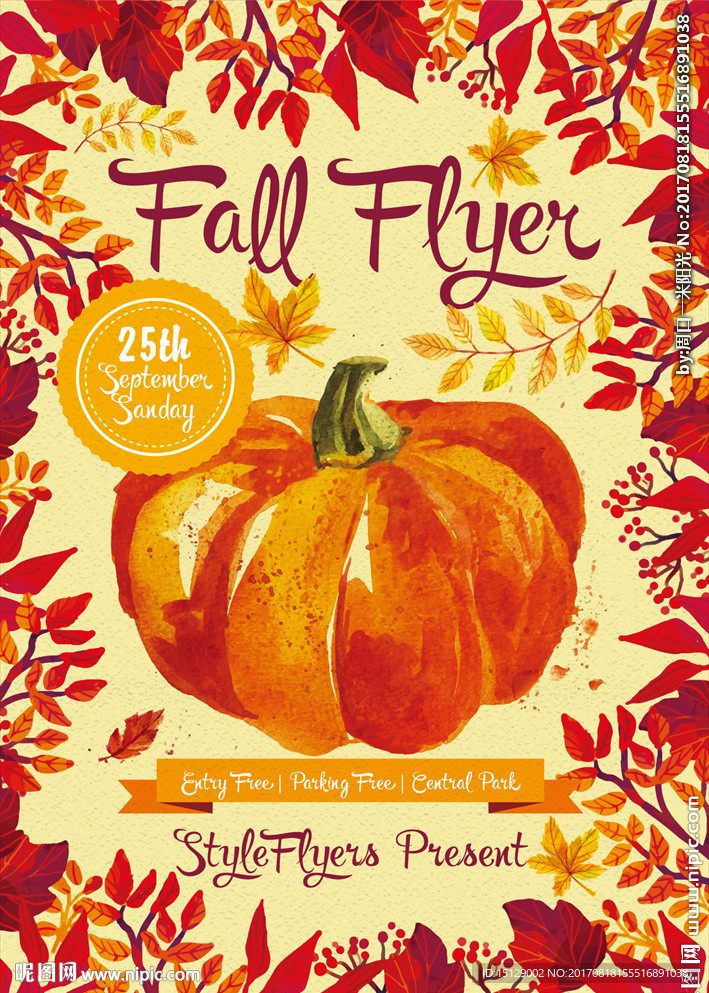 手绘秋季树叶南瓜创意海报