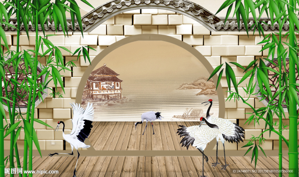 3D立体中式庭院中堂画仙鹤图