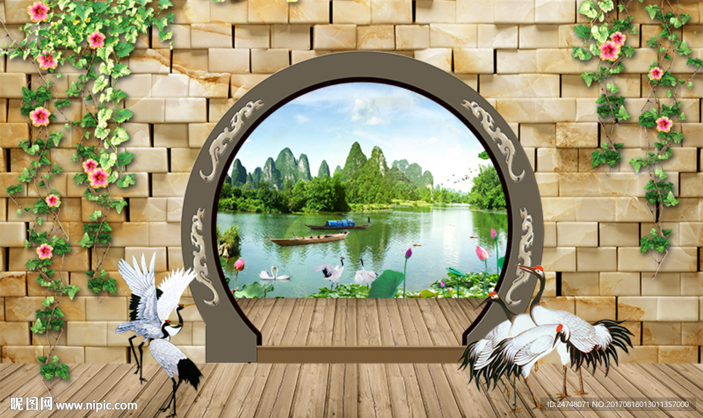 3D立体砖墙花藤中式拱门仙鹤图
