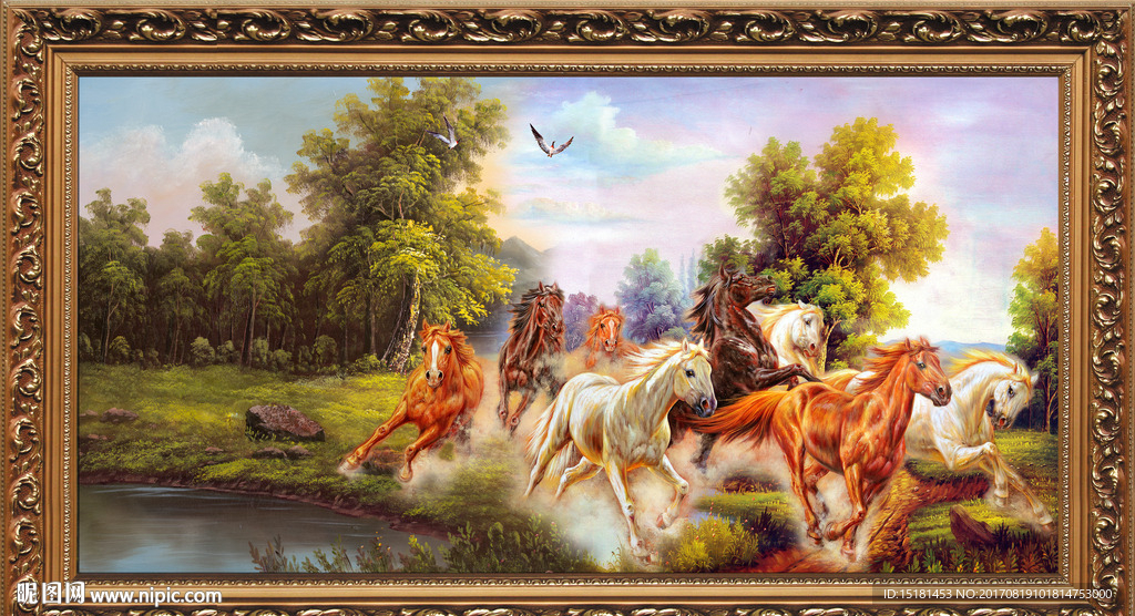 风景八骏图油画