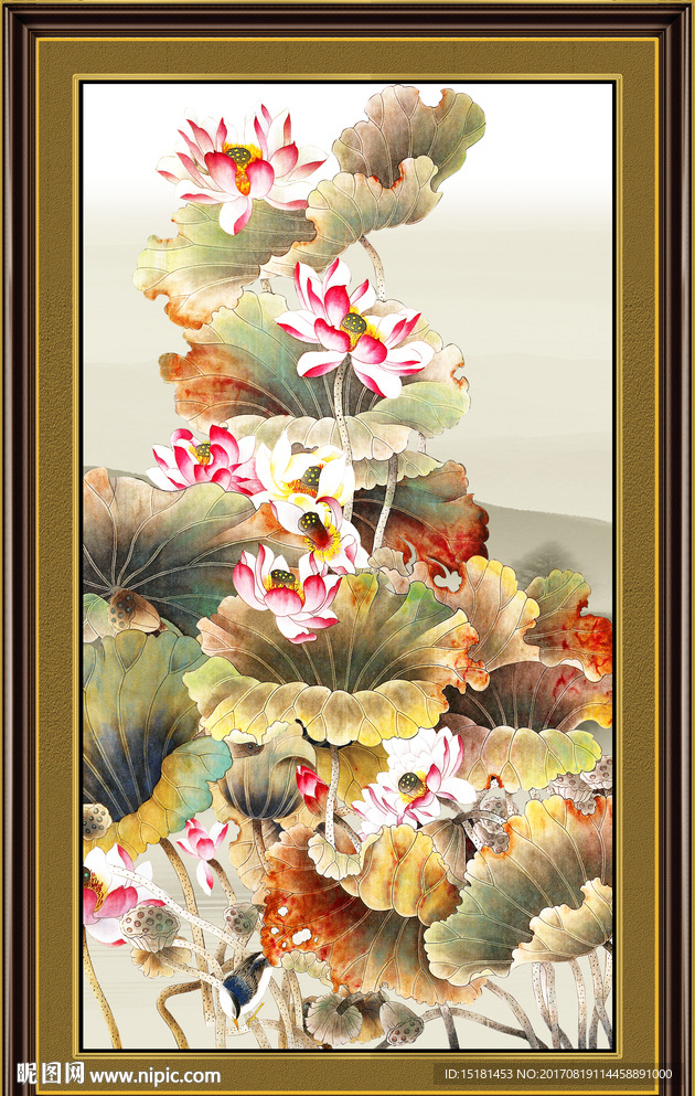 荷花竖幅国画