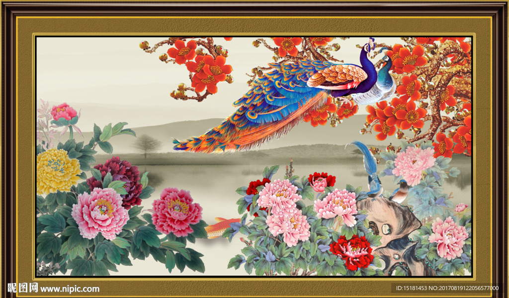 花开富贵孔雀图