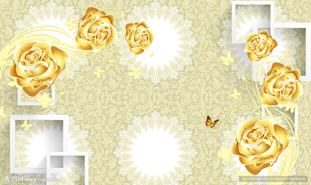 欧式花纹黄金玫瑰框框电视背景墙