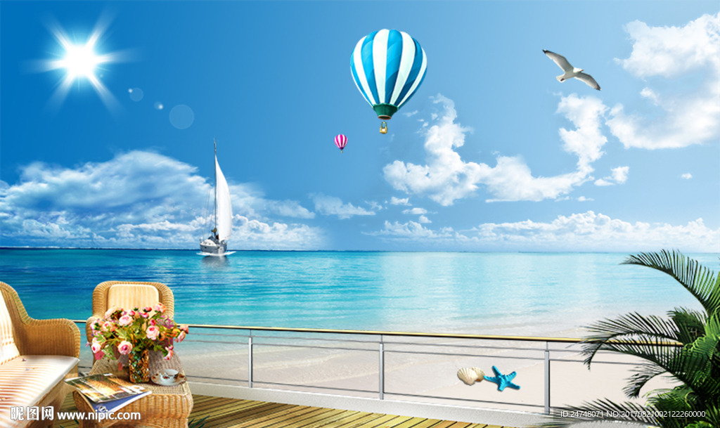 唯美地中海风景3D立体阳台海景