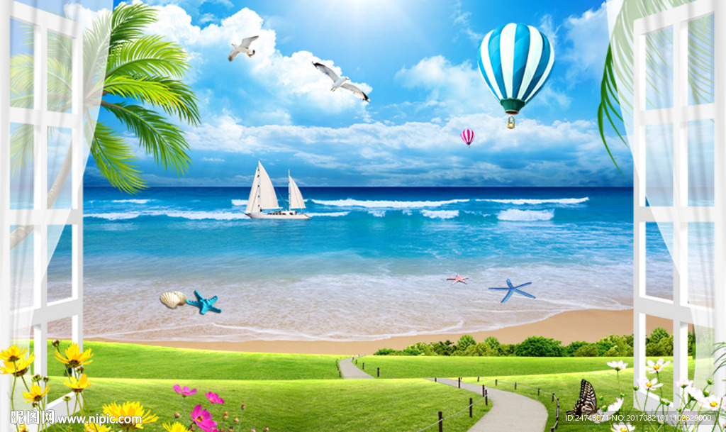 3D假窗大海沙滩草地唯美风景