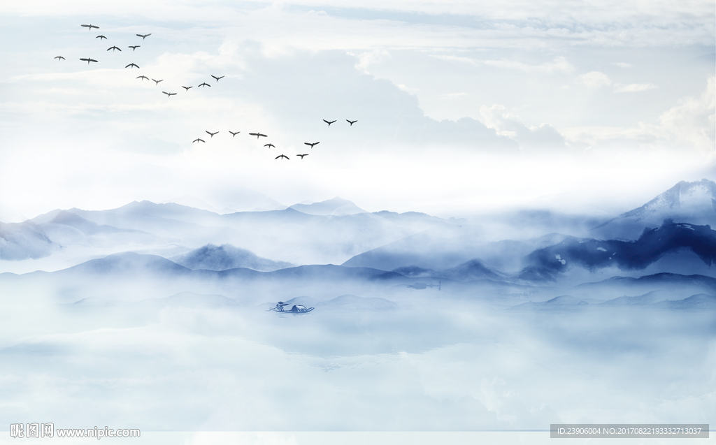 新中式意境水墨云雾山水背景壁画