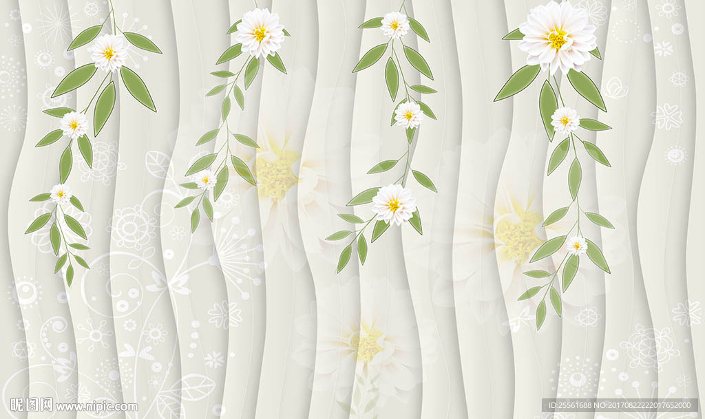 3D条纹时尚花朵树藤电视背景墙