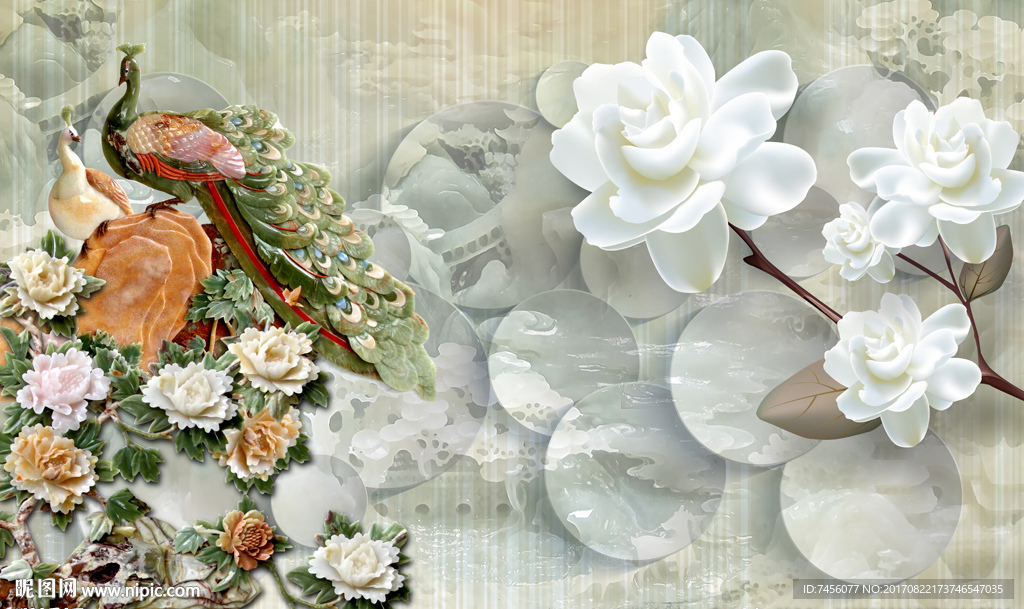 孔雀白花唯美立体背景墙