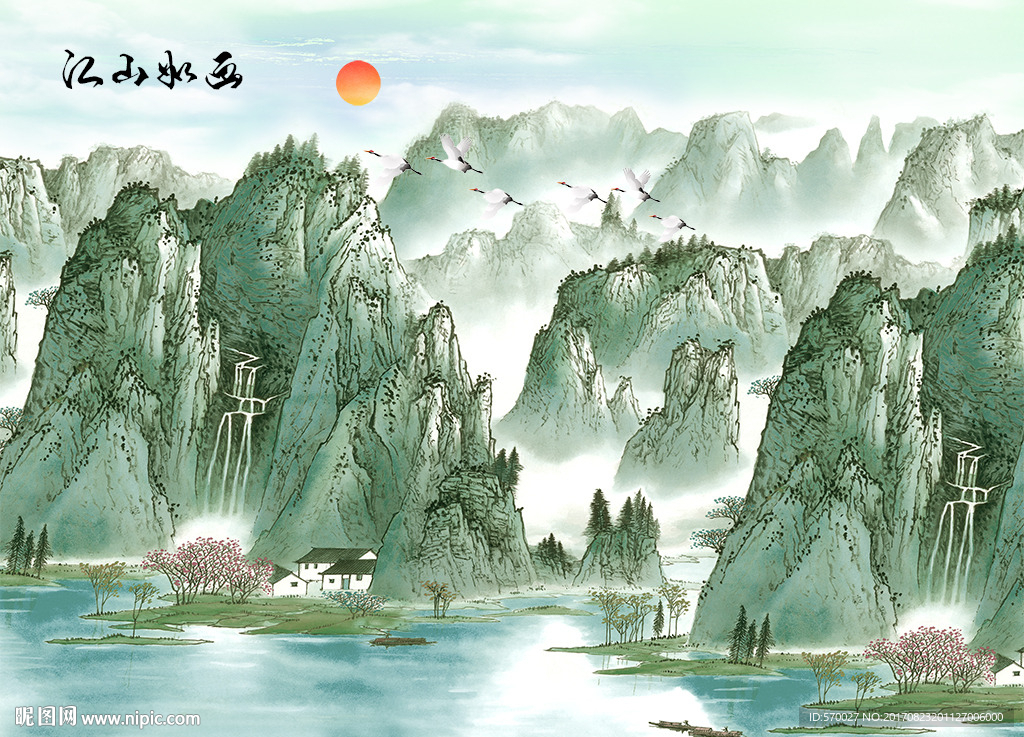 国画山水画背景墙图片