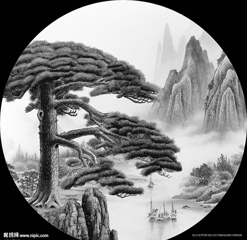 新中式山水船泊意境圆