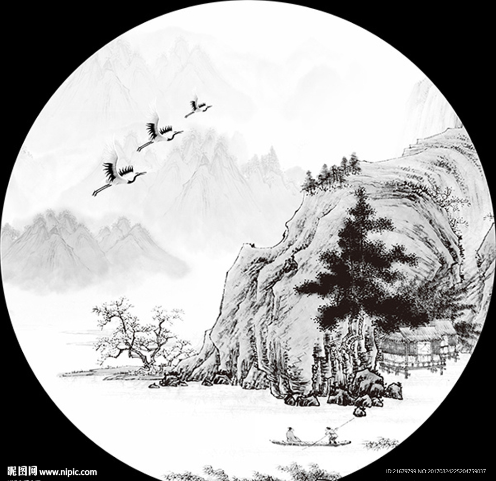 新中式山水船泊意境圆