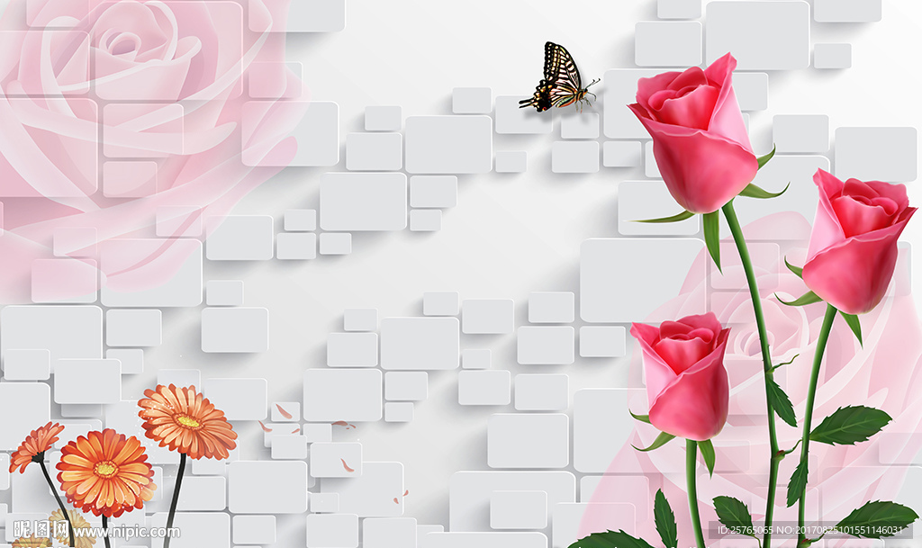 梦幻玫瑰砖墙蝴蝶电视背景墙