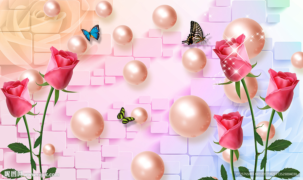 梦幻玫瑰砖墙球球蝴蝶电视背景墙