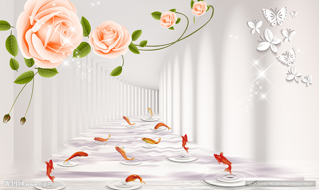 现代玫瑰九鱼简约蝴蝶电视背景墙