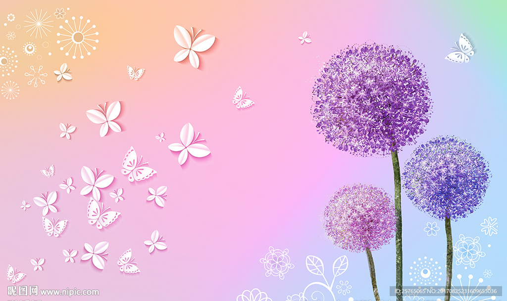 梦幻蒲公英简约蝴蝶电视背景墙