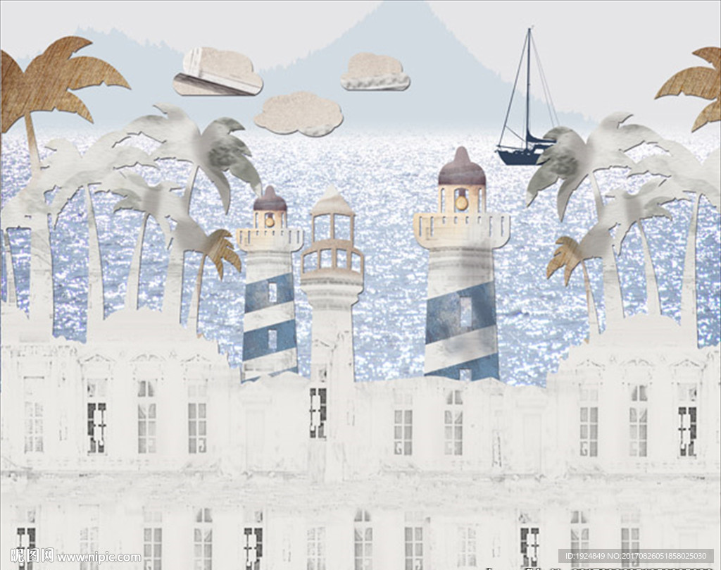 地中海灯塔城堡海滩壁画