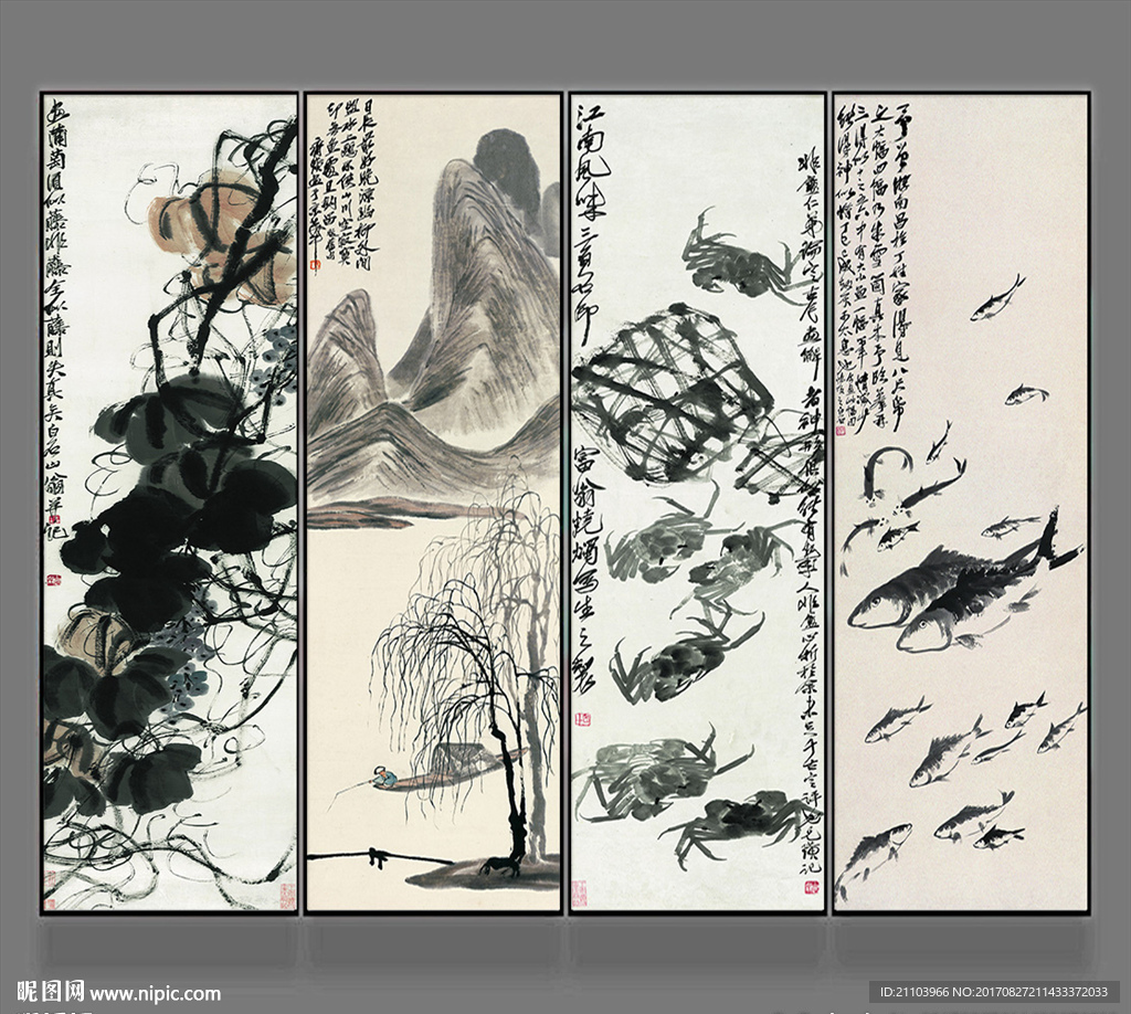 齐白石水墨鱼虾意境山水装饰画