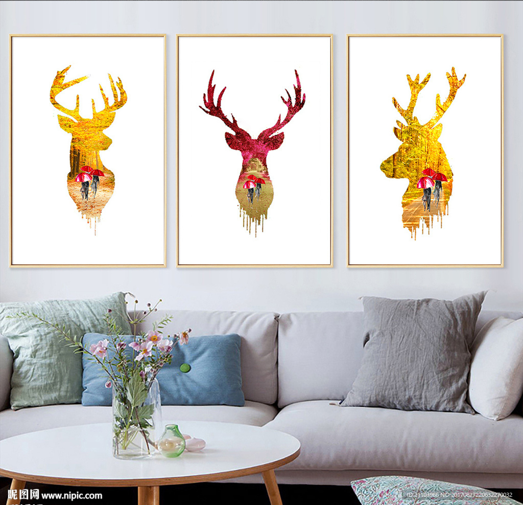 北欧小清新鹿头时尚风景装饰画