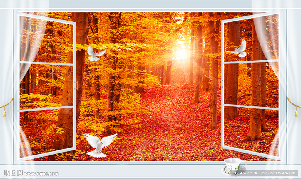 3D立体秋天的枫林唯美红叶风景