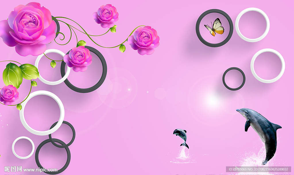 现代花卉简约圈圈海豚电视背景墙