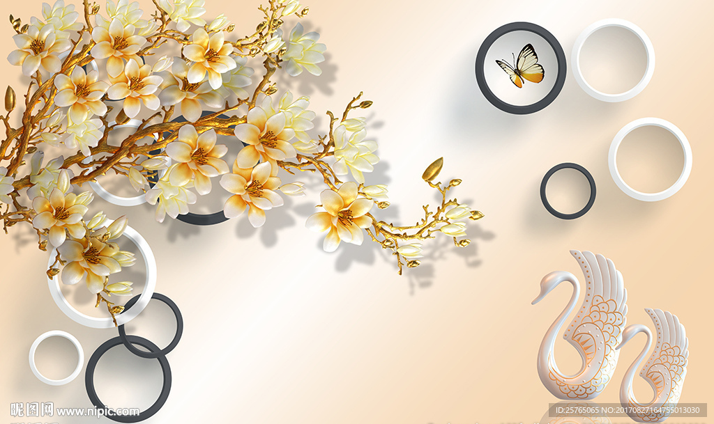 现代玉兰简约圈圈天鹅电视背景墙