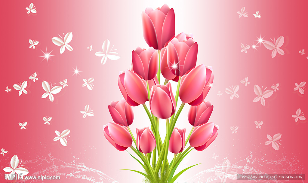 梦幻郁金香简约蝴蝶电视背景墙