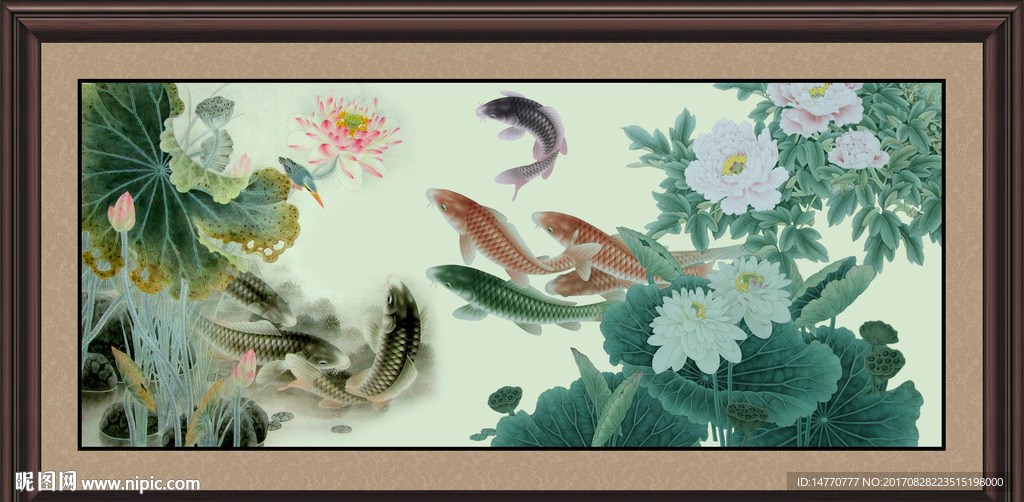 荷花九鱼图