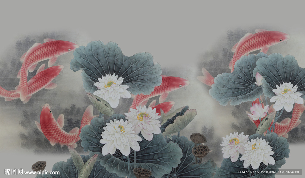 荷花鲤鱼图壁画