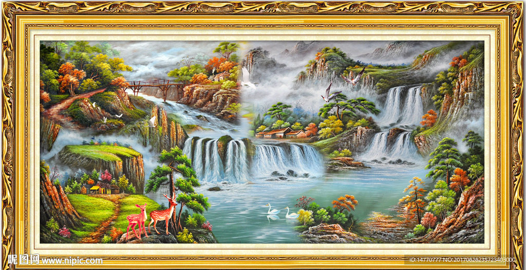 山水风景油画聚宝盆