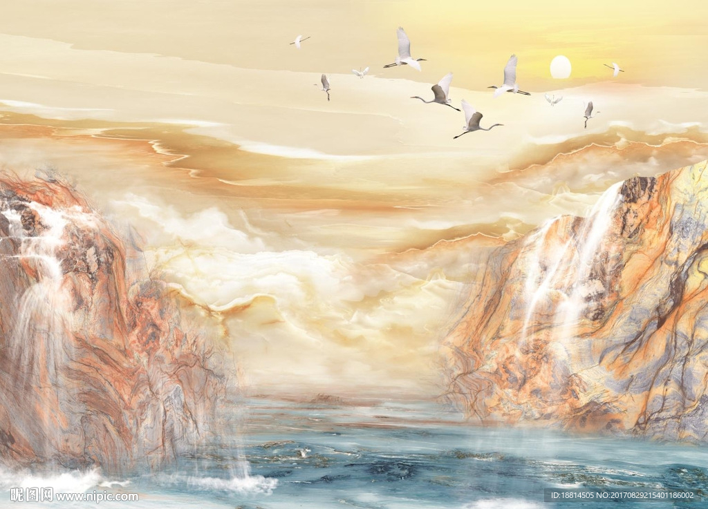 山河壮丽高山流水瀑布大理石背景