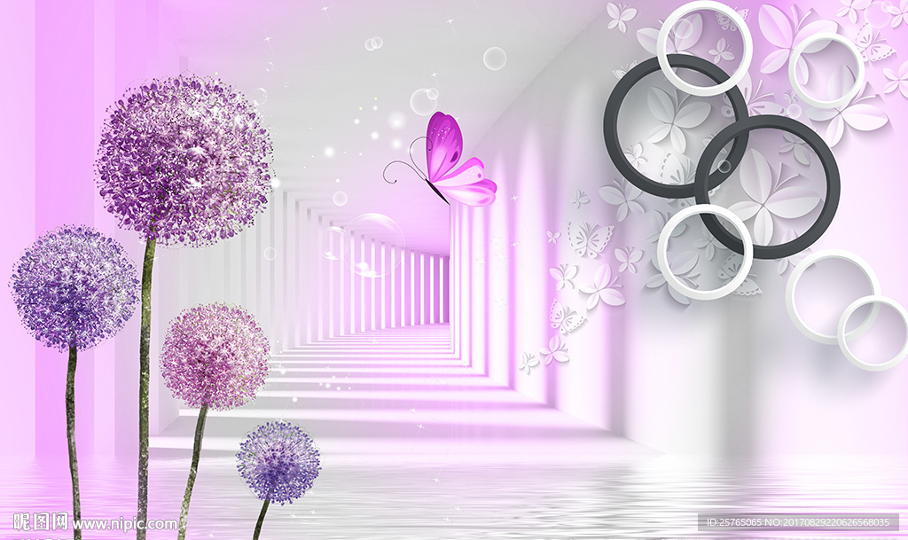 简约圈圈紫色蒲公英电视背景墙